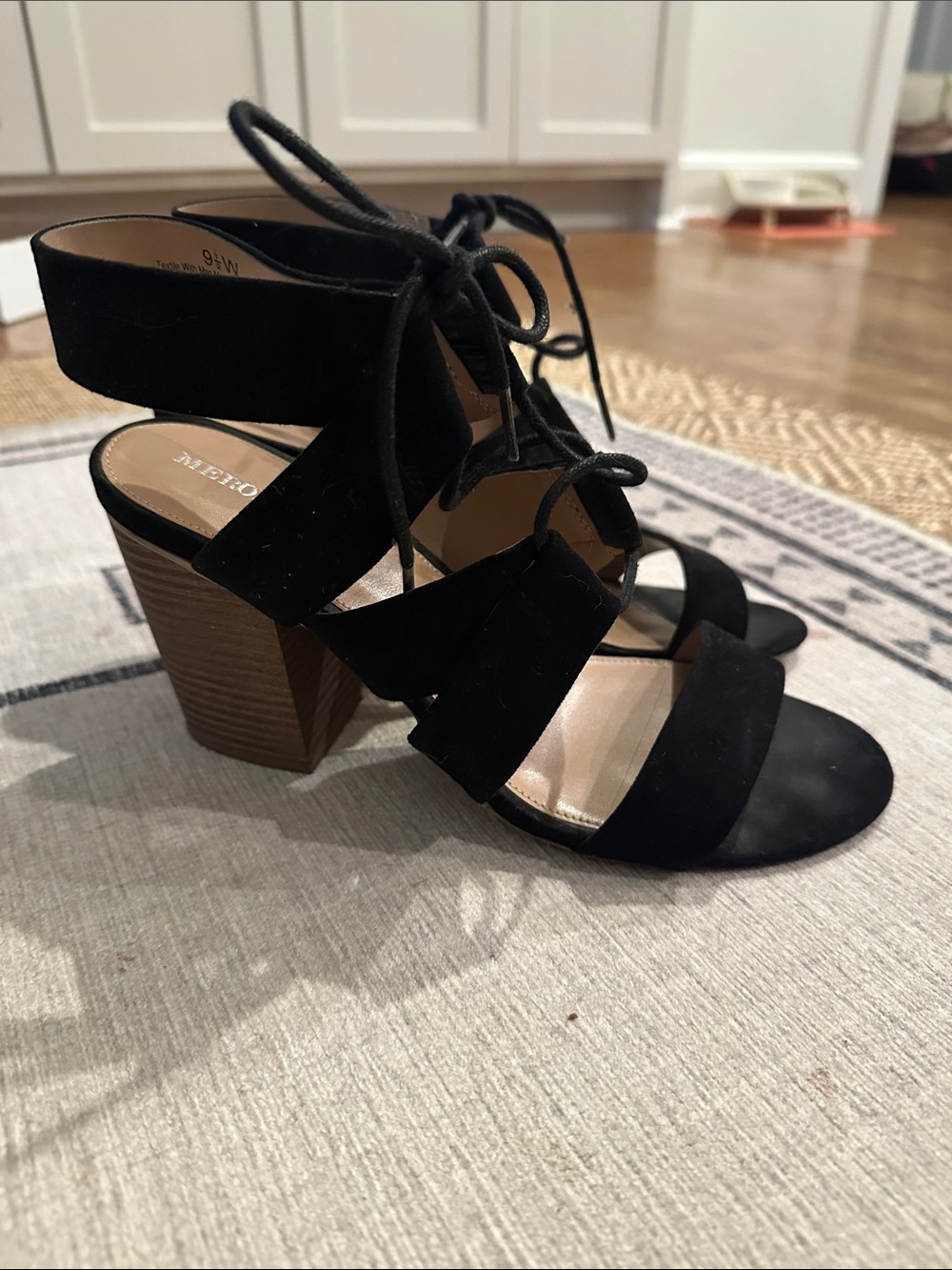 Merona Black Suede Lace-Up Block Heel Sandals